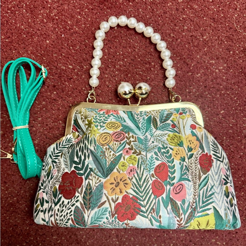 New never used Floral Embroidered Handbag with Pearl Handle